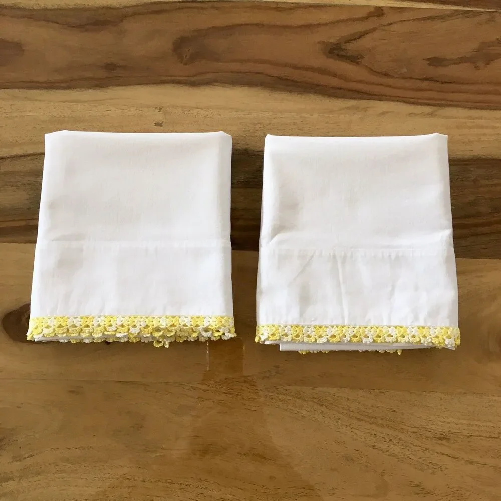 Standard Size Pillow Case set with Yellow hand crocheted trim vintage